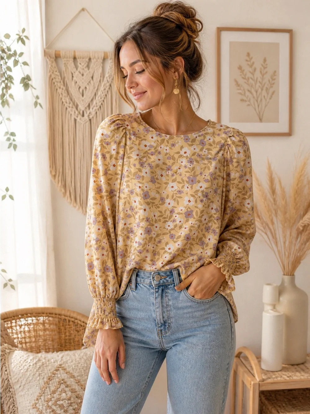 Anthropologie Yellow Floral Puff-Sleeve Blouse